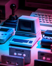 Various outdated electronic devices including an old computer on a table.